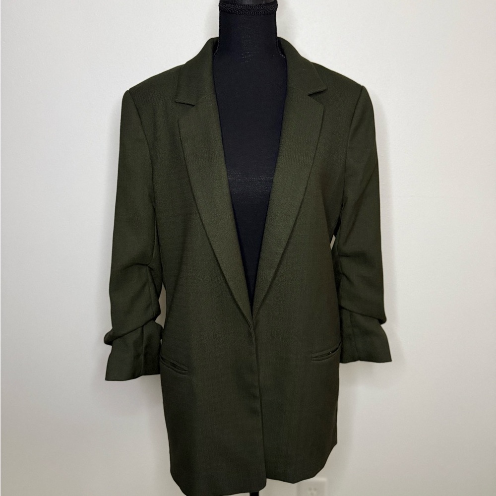 H&M Olive Green Longline Oversized Blazer Ruched Sleeve Jacket Medium